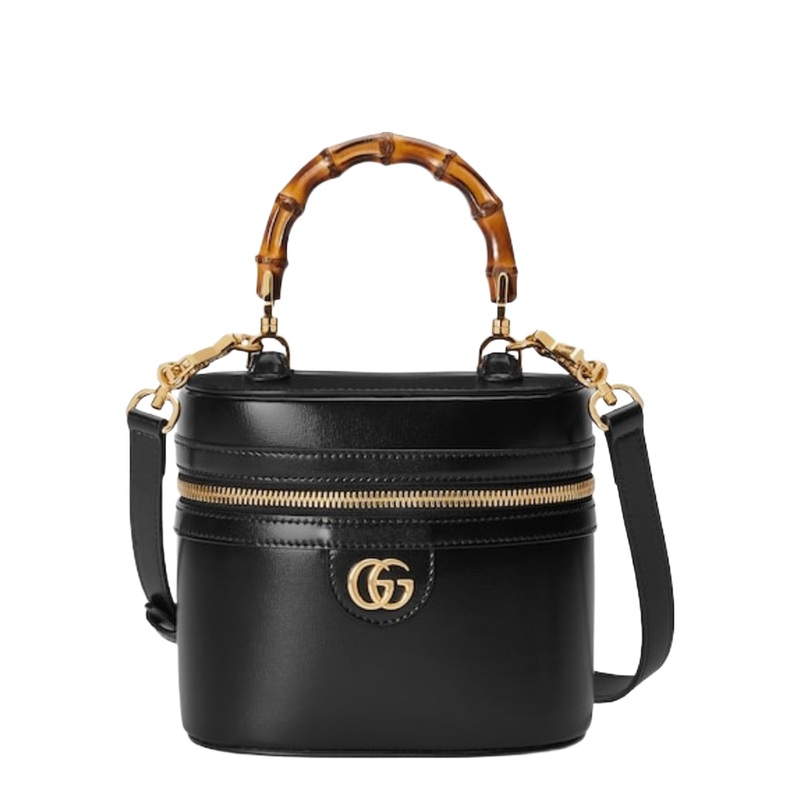Mini Leather Vanity Bag With Bamboo Handle – Black
