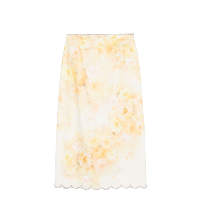 Floral Print Linen Midi Skirt|0|1|2|3