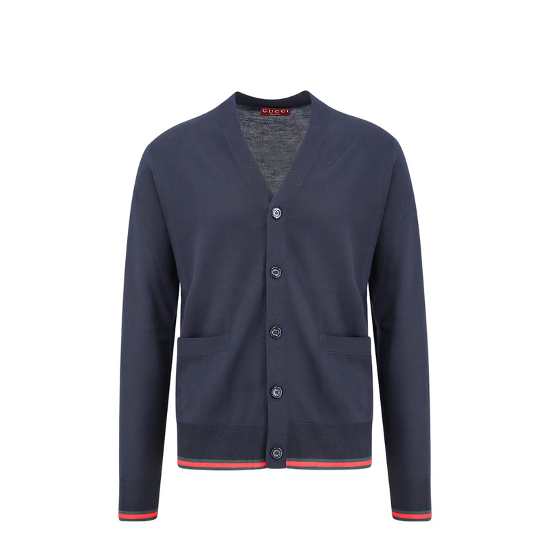 Wool Knit Cardigan with Web in Dark Blue