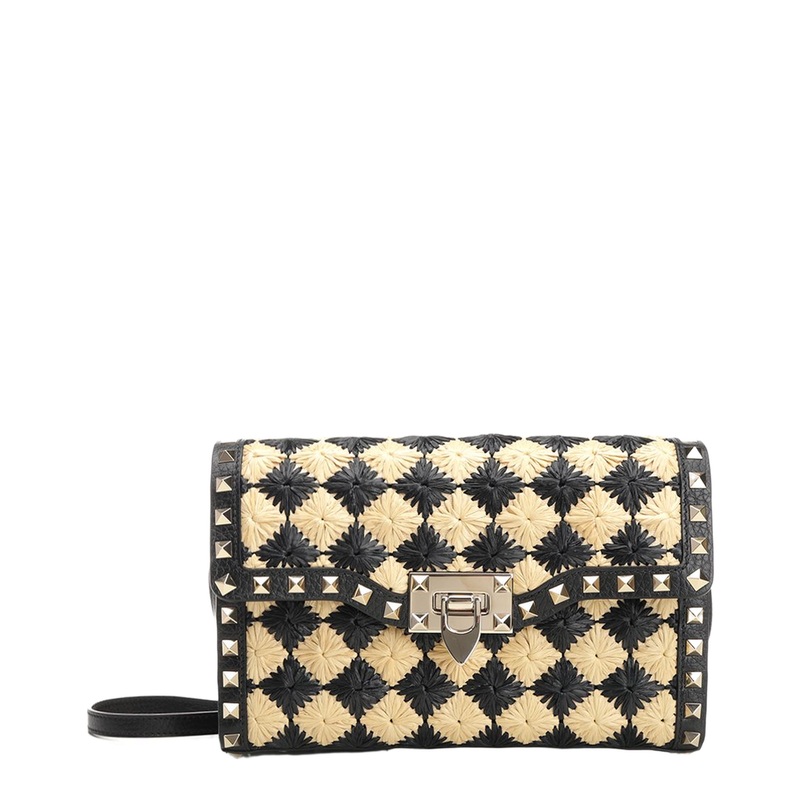 Two Tone Raffia Rockstud Crossbody Bag