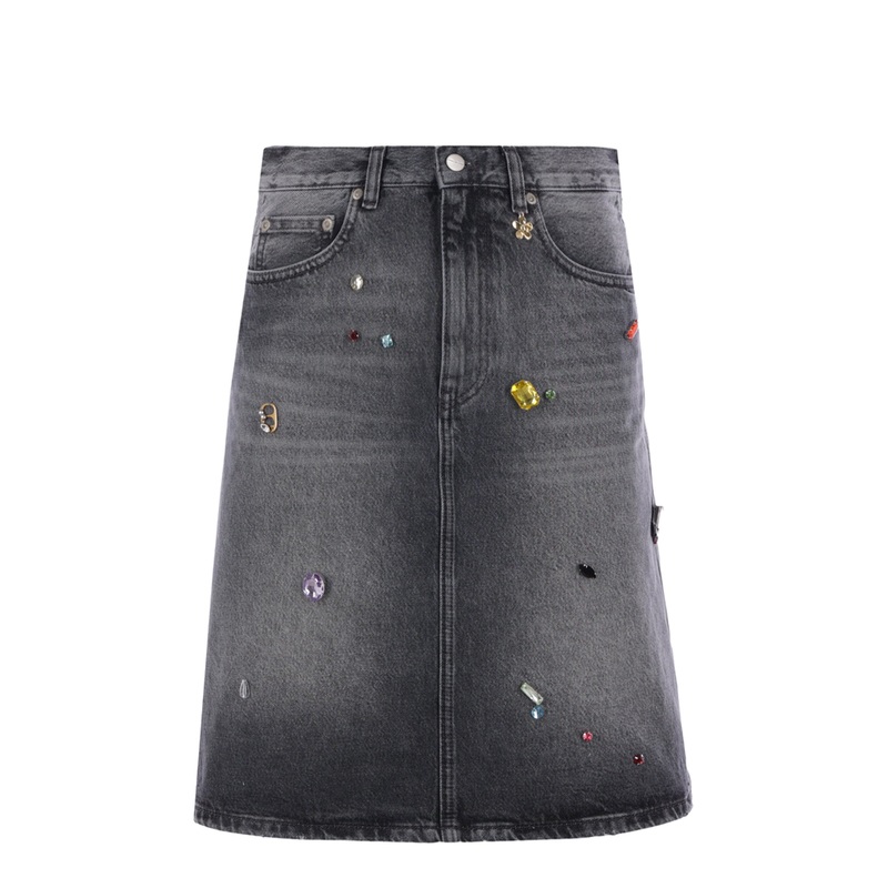 A-Line Skirt in Bleached Black Denim with Crystals