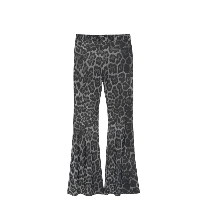Ash Grey Leopard-Print Mid-Rise Flared Trousers