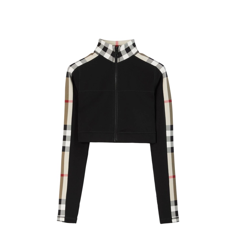 Cropped Check Trim Stretch Jersey Zip Top in Black