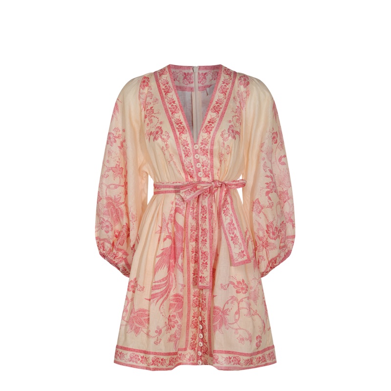 Light Pin Lucky Belted Printed Linen Mini Dress