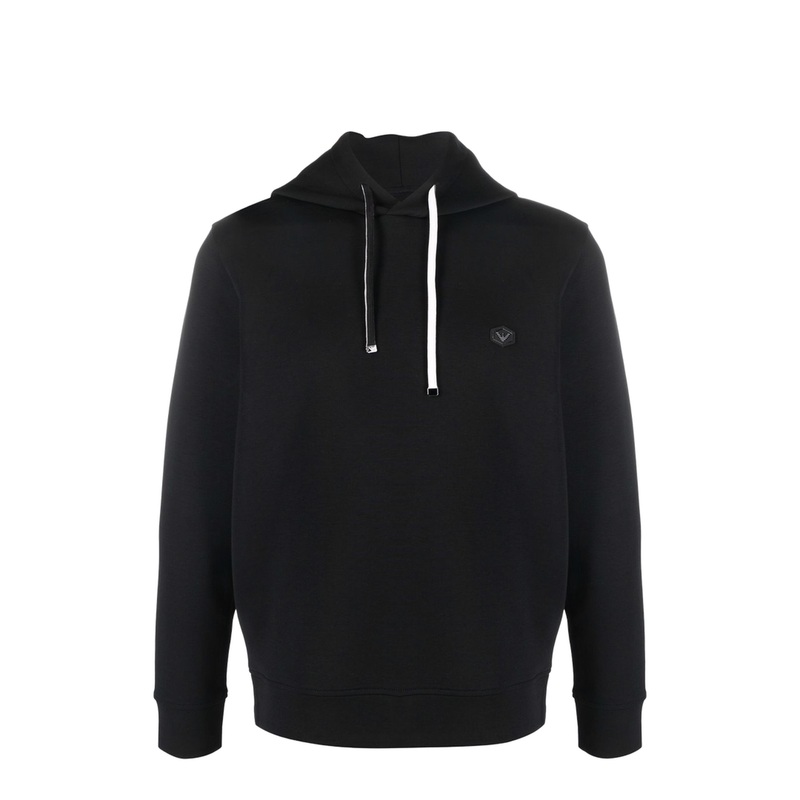 Black Cotton-Blend Long-Sleeved Logo Patch Hoodie