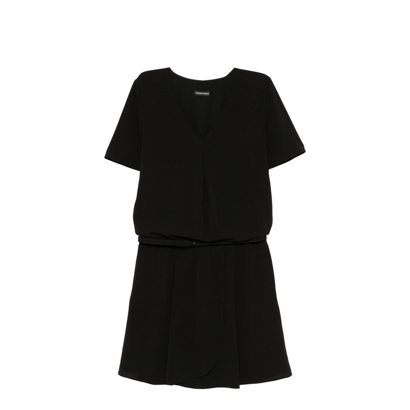 Fluid Crpe Short Dress with Gathering and a Belt at the Waist