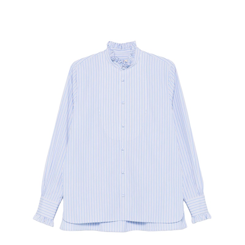 Striped Cotton Shirt With Ruffles – Sky Blue