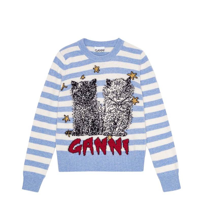 Striped Graphic Wool Mix Cats Knit – Illusion Blue
