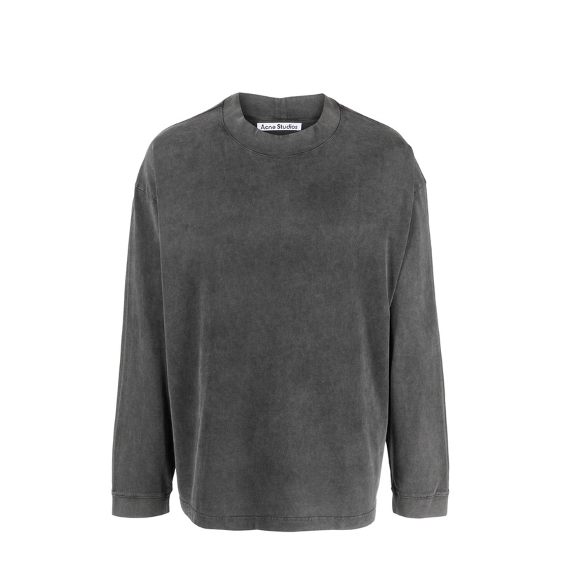 Black Cotton Faded Effect Logo Patch Crew Neck Long Sleeve Top
