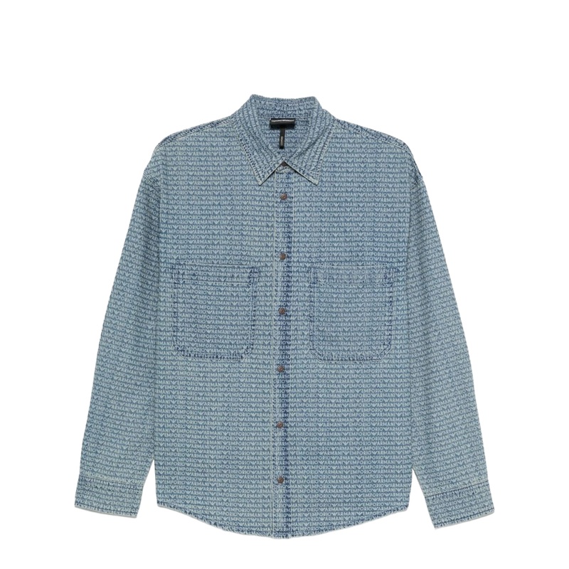 Comfort-fit denim shirt with all-over logo lettering print