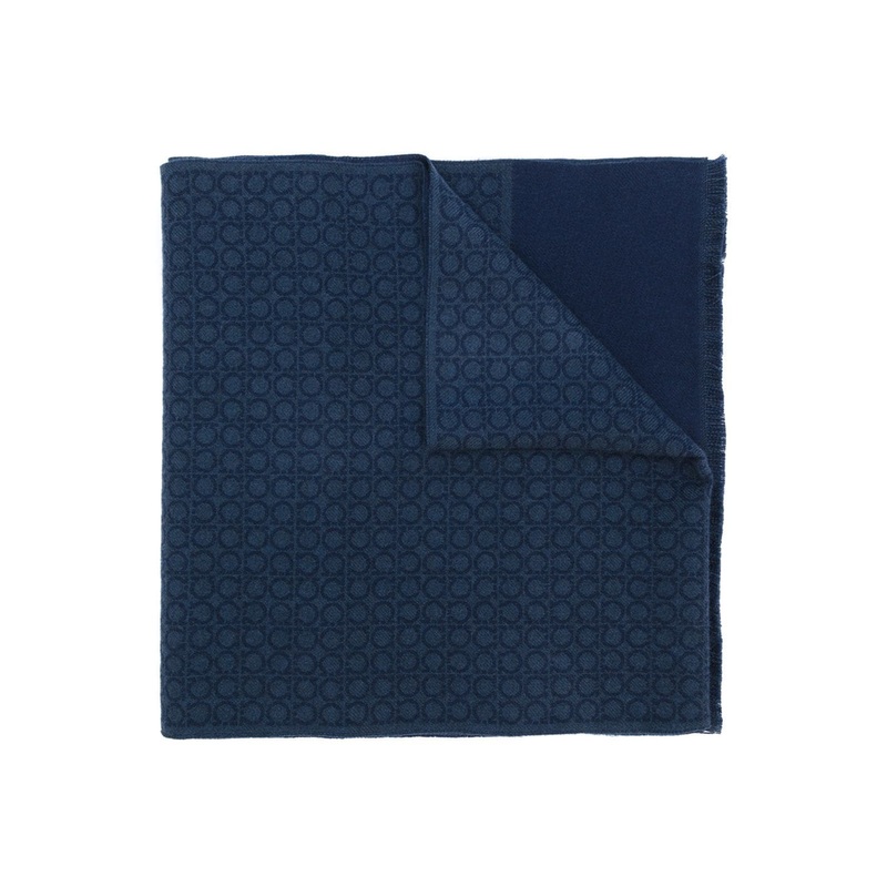 Navy Blue Wool Gancini Print Fringed Edge Rectangle Wraparound Scarf