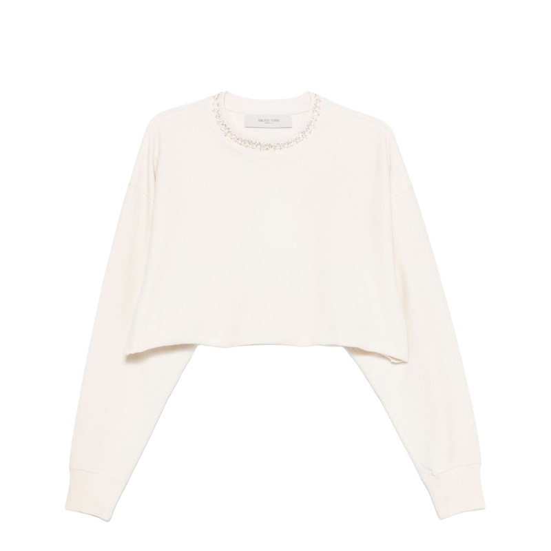 Cream Cotton Cropped Sweatshirt with Crystals