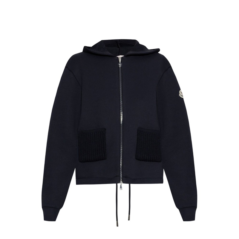 Navy Blue Knit Accent Cotton Zip-Up Hoodie