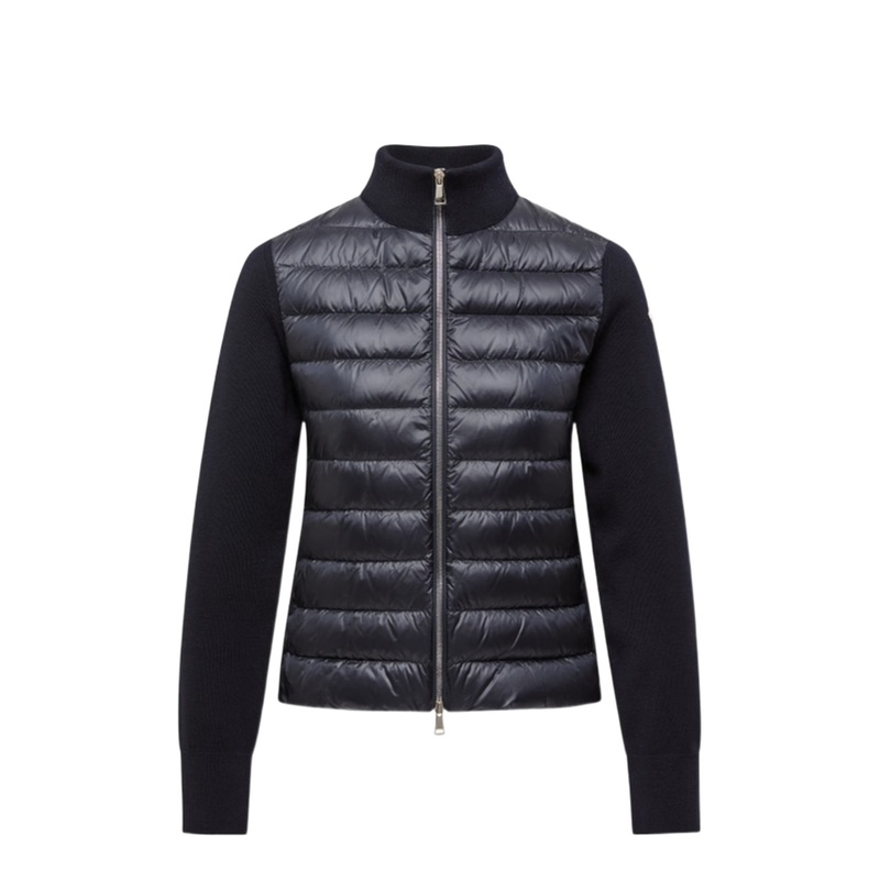 Navy Blue Padded Wool Zip-Up Cardigan