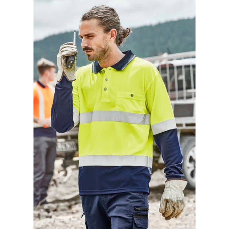 Mens Hi Vis Spliced Long Sleeve Polo – Hoop Taped