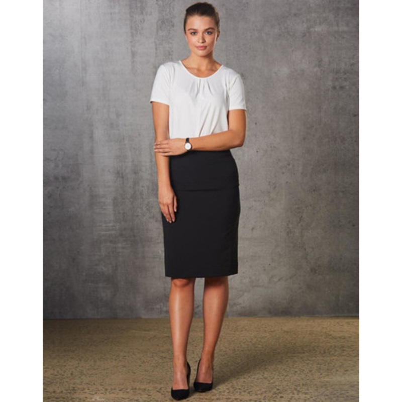 Women’s Mid Length Lined Pencil Skirt in Poly/Viscose Stretch Stripe