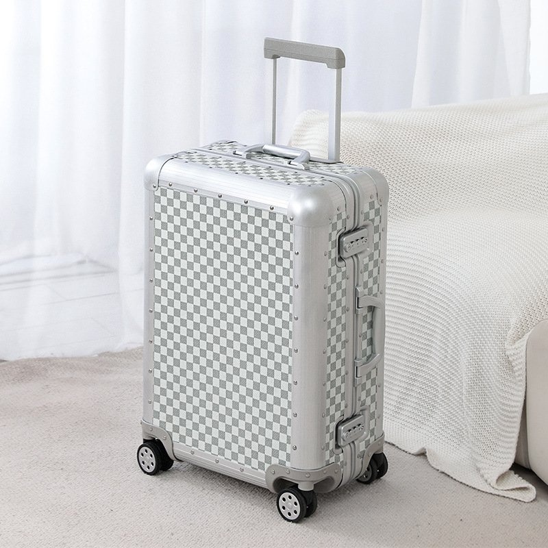 Unisex Aluminum Frame Luggage with Spinner Caster Pull Rod Checkerboard Password Trolley Suitcase New Features – High Quality and Fashion price